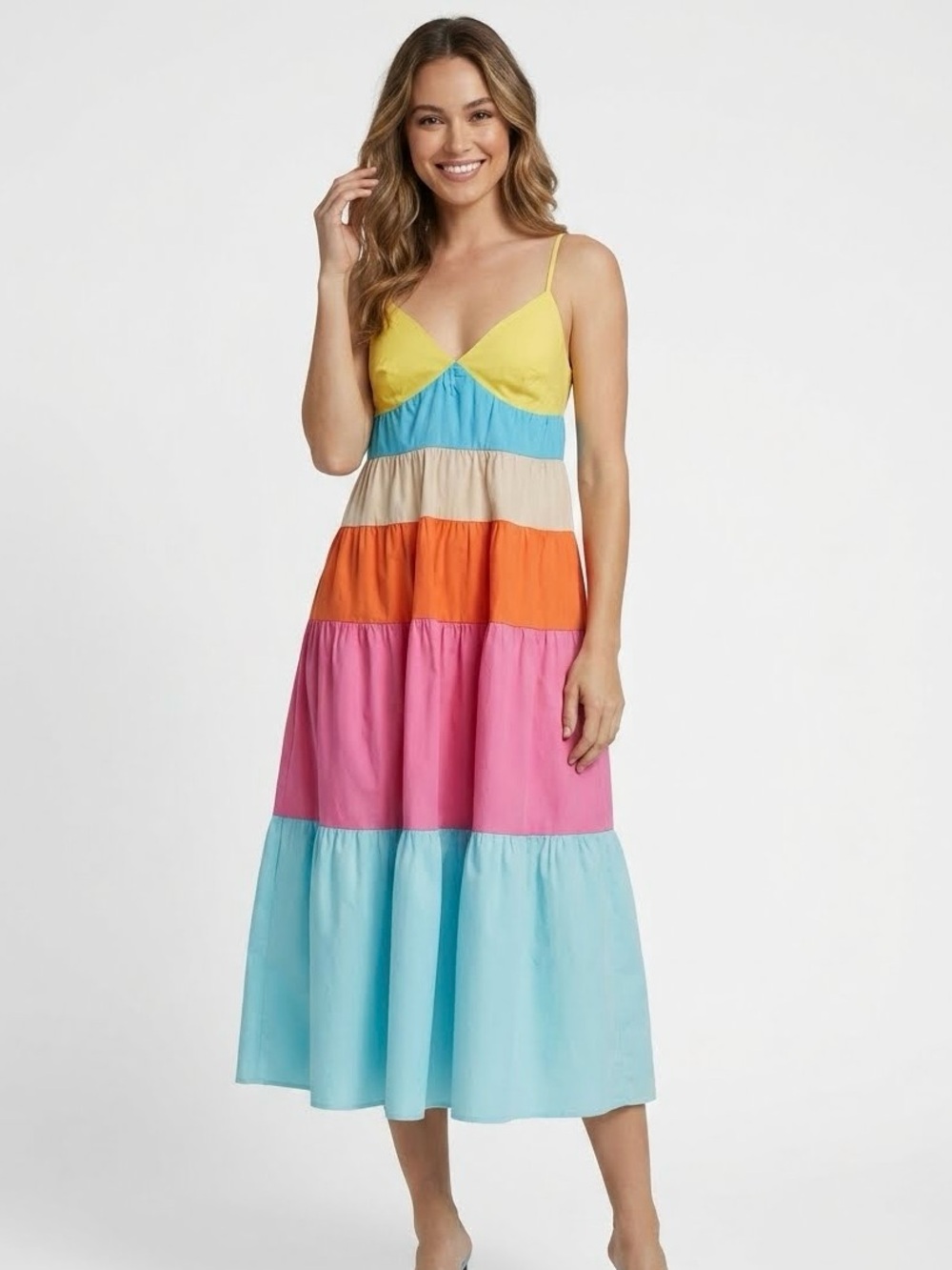 HYFVE Bright‎ Striped Strappy Tiered Midi Knee Length Cami Summer Dress, Size S